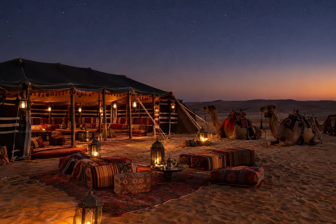 Desert camp in Qatar at dusk